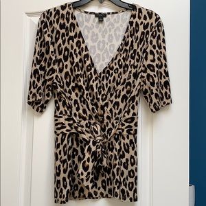 Leopard shirt sleeve tie waist casual blouse